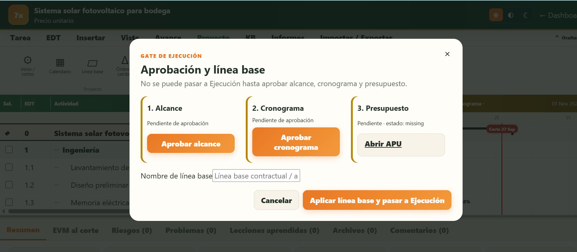 Aprobación de alcance, cronograma y presupuesto antes de línea base