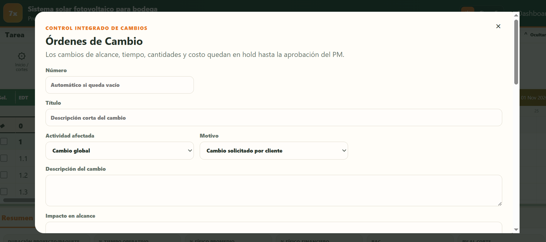 Formulario real de órdenes de cambio de Project7x
