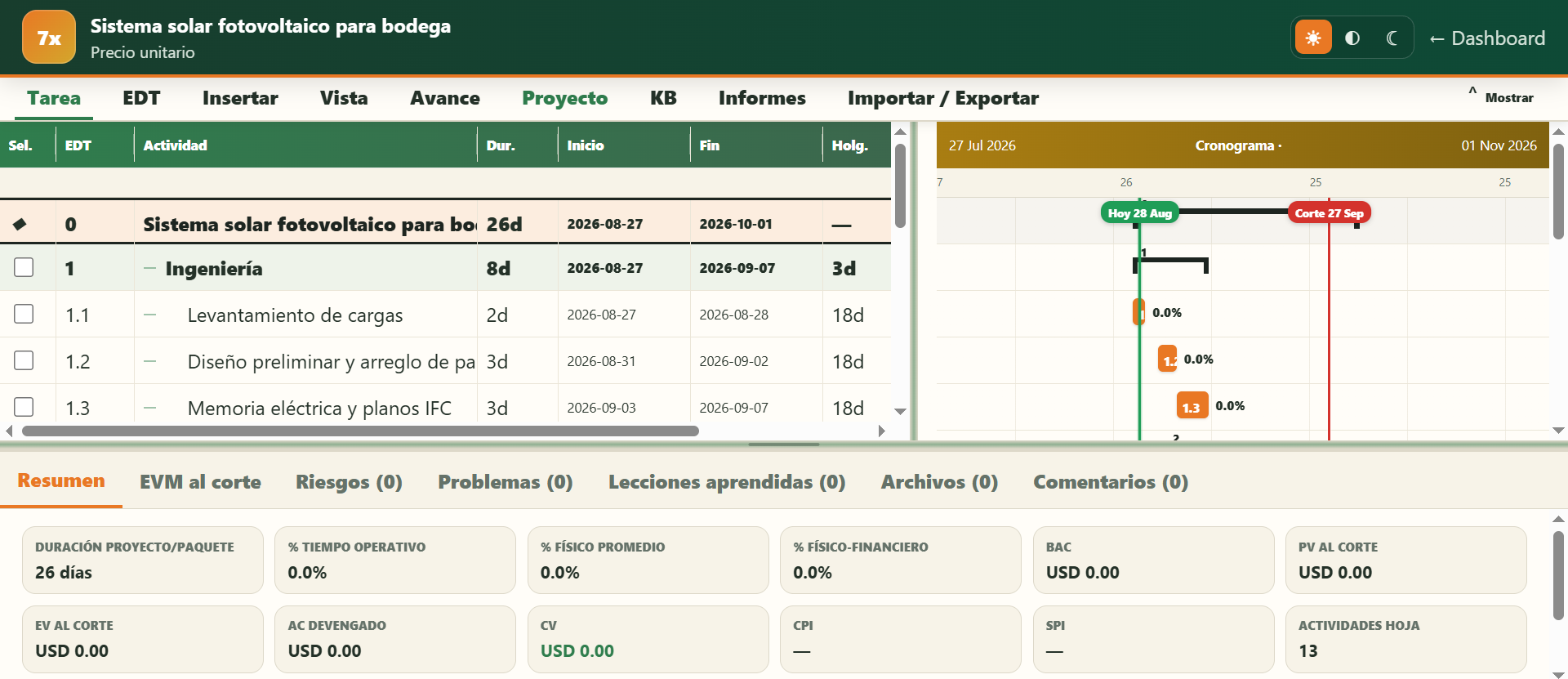 Interfaz real de Project7x con EDT y cronograma Gantt